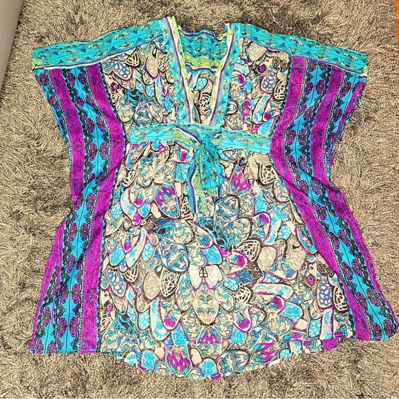 Vibrant Blue Turquoise and Purple Sheer Women's Swim Cover-Up Fits M/L - Picture 6 of 16